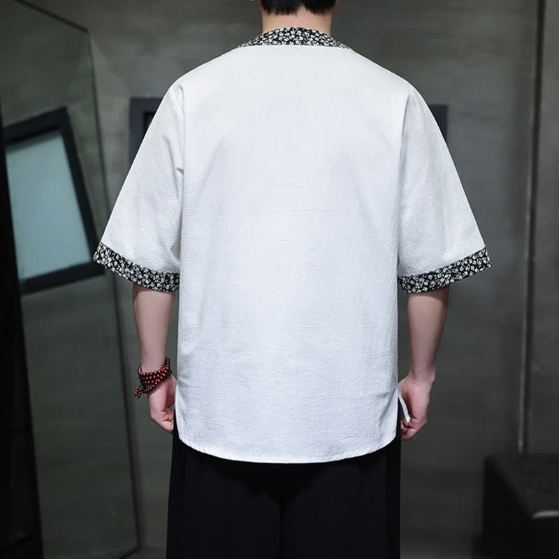 Nimara Ritual Summer Casual Mandarin Collar Frog Button Cotton Men's Short Sleeve Shirt