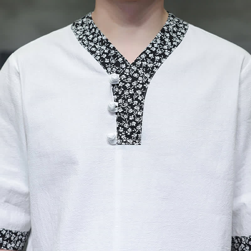 Nimara Ritual Summer Casual Mandarin Collar Frog Button Cotton Men's Short Sleeve Shirt
