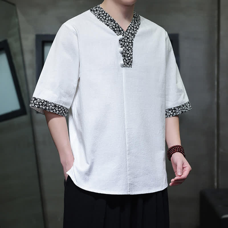 Nimara Ritual Summer Casual Mandarin Collar Frog Button Cotton Men's Short Sleeve Shirt