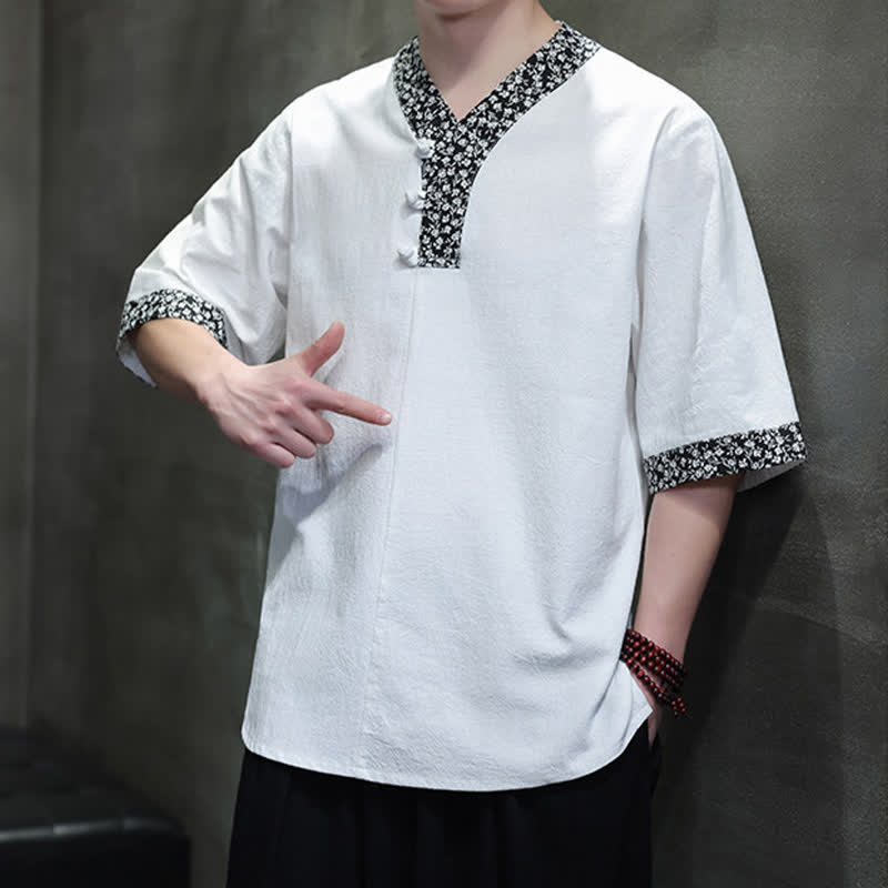 Nimara Ritual Summer Casual Mandarin Collar Frog Button Cotton Men's Short Sleeve Shirt