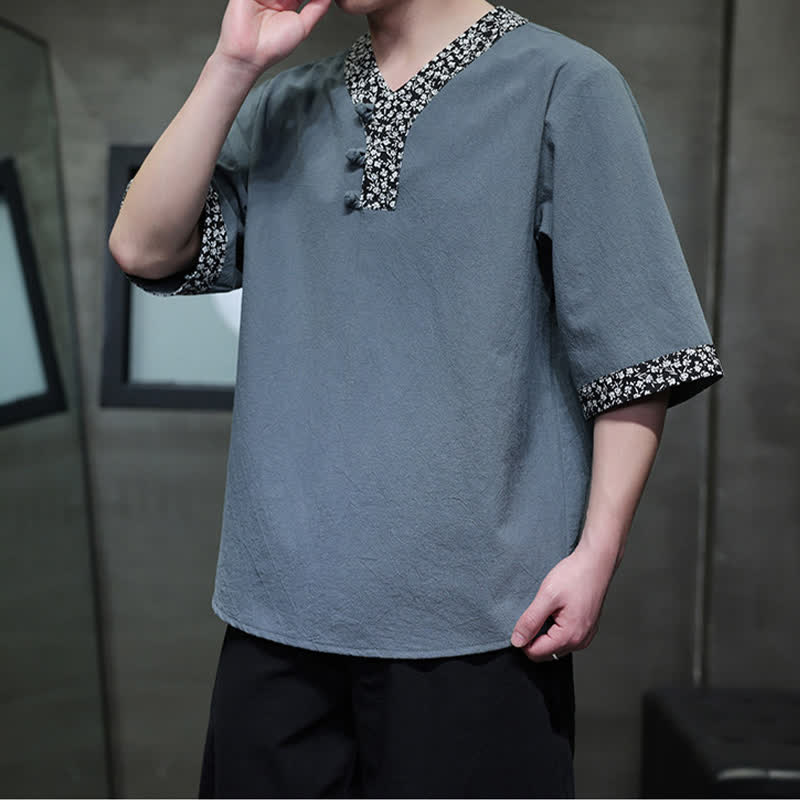 Nimara Ritual Summer Casual Mandarin Collar Frog Button Cotton Men's Short Sleeve Shirt