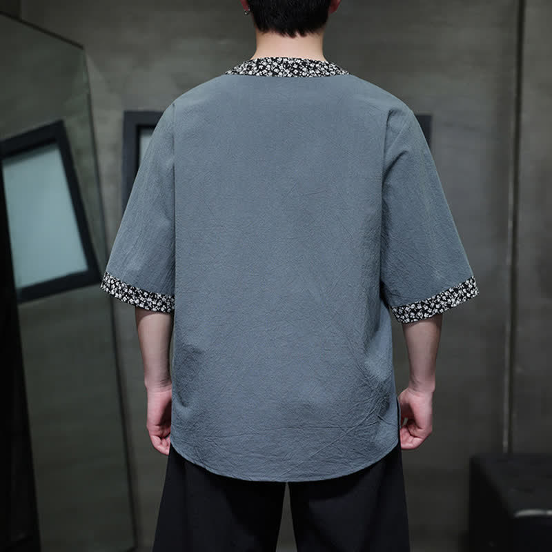Nimara Ritual Summer Casual Mandarin Collar Frog Button Cotton Men's Short Sleeve Shirt
