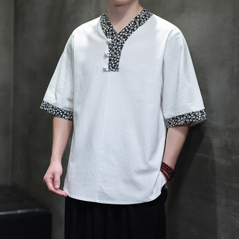 Nimara Ritual Summer Casual Mandarin Collar Frog Button Cotton Men's Short Sleeve Shirt