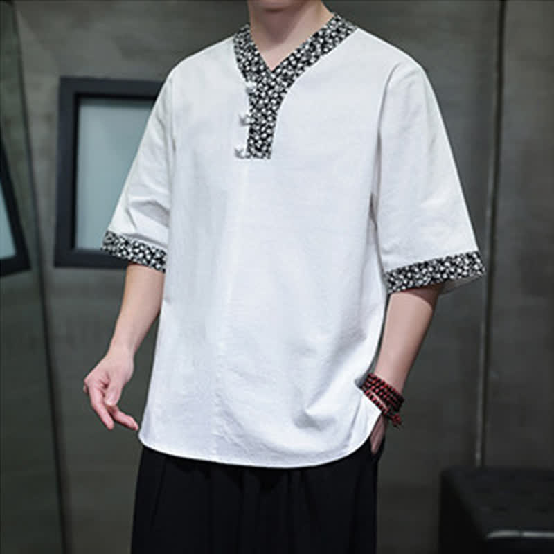 Nimara Ritual Summer Casual Mandarin Collar Frog Button Cotton Men's Short Sleeve Shirt