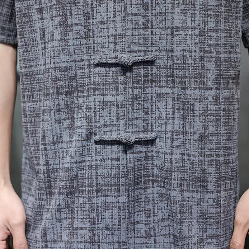 Nimara Ritual Summer Casual Mandarin Collar Frog Button Solid Men's Short Sleeve Shirt