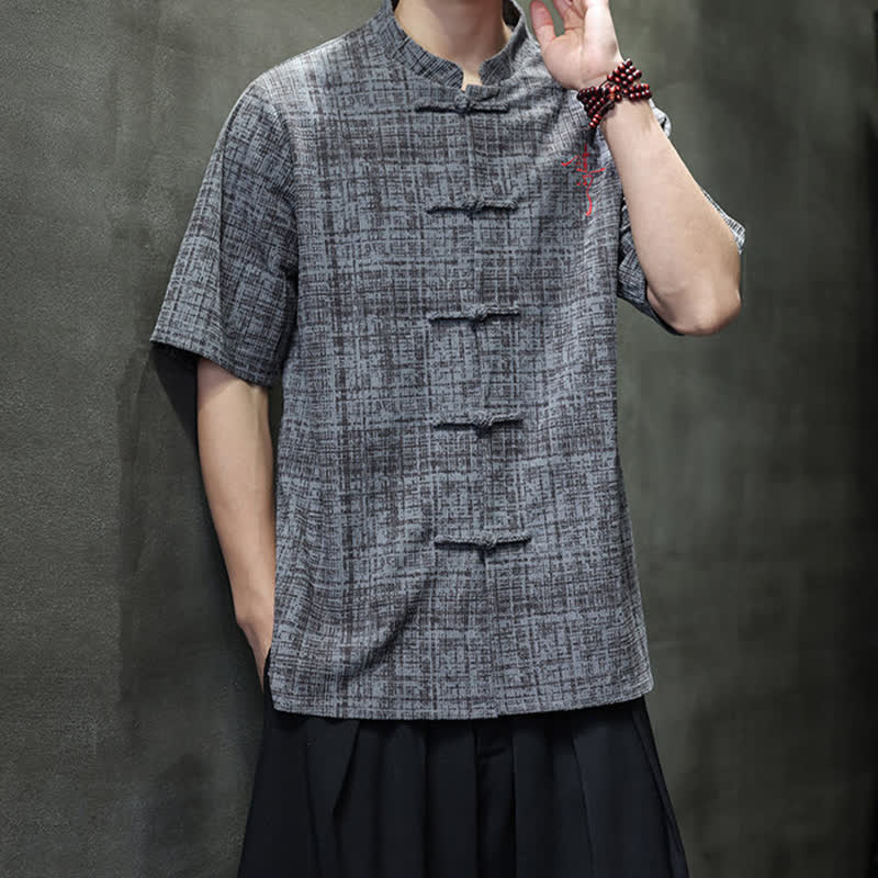 Nimara Ritual Summer Casual Mandarin Collar Frog Button Solid Men's Short Sleeve Shirt
