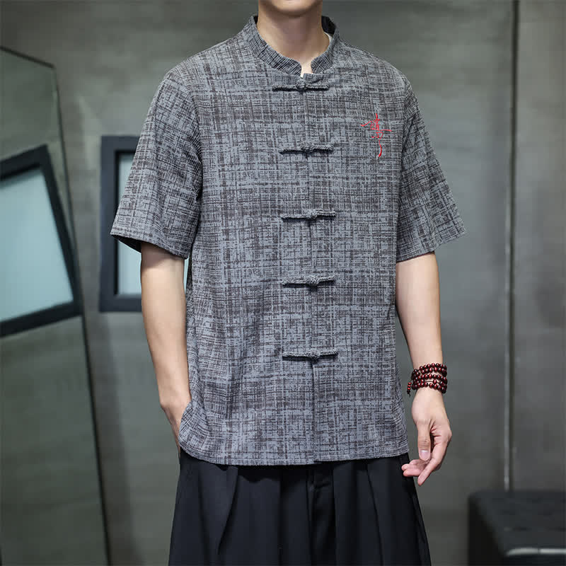 Nimara Ritual Summer Casual Mandarin Collar Frog Button Solid Men's Short Sleeve Shirt