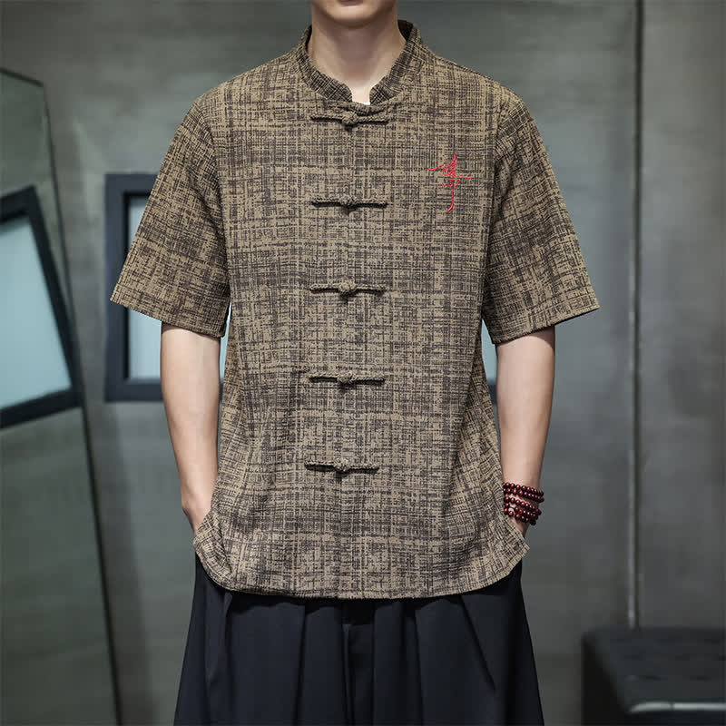 Nimara Ritual Summer Casual Mandarin Collar Frog Button Solid Men's Short Sleeve Shirt