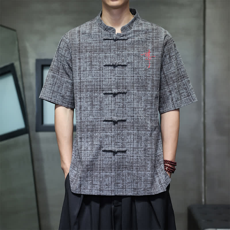 Nimara Ritual Summer Casual Mandarin Collar Frog Button Solid Men's Short Sleeve Shirt