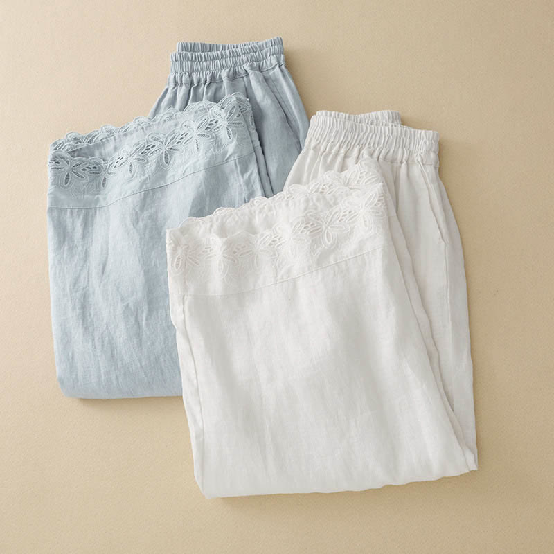 Nimara Ritual Summer Linen Cotton Women's Cropped Wide Leg Pants With Pockets