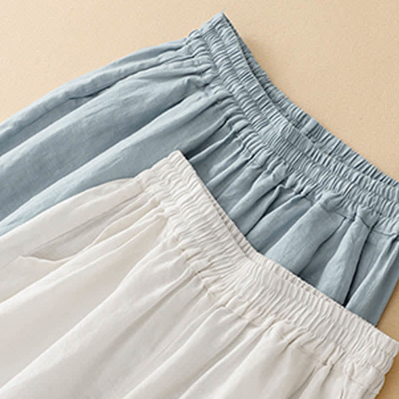 Nimara Ritual Summer Linen Cotton Women's Cropped Wide Leg Pants With Pockets