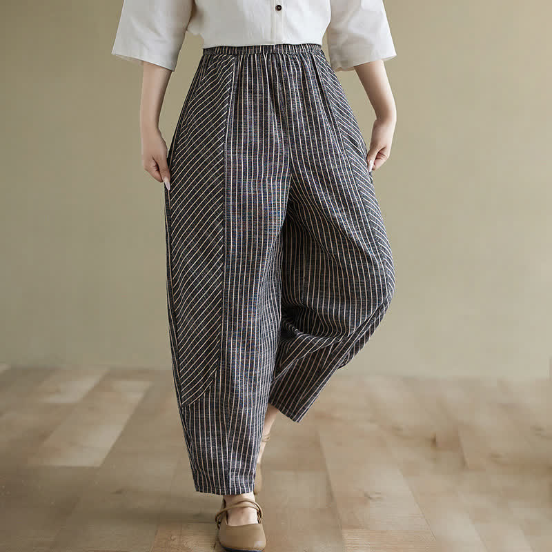 Nimara Ritual Summer Casual Striped Linen Cotton Women's Tapered Pants With Pockets