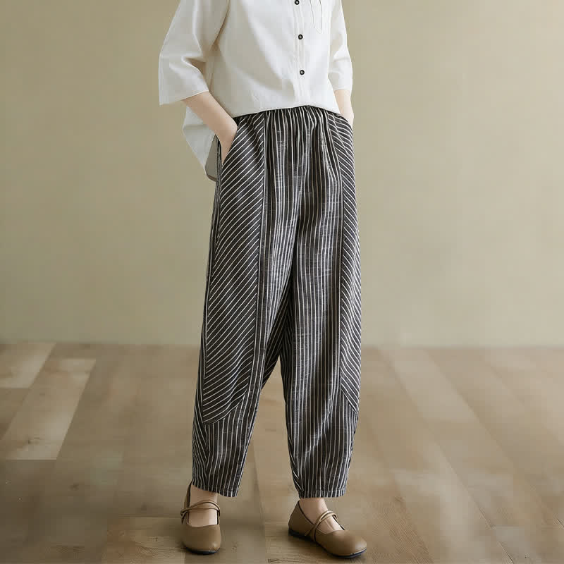 Nimara Ritual Summer Casual Striped Linen Cotton Women's Tapered Pants With Pockets