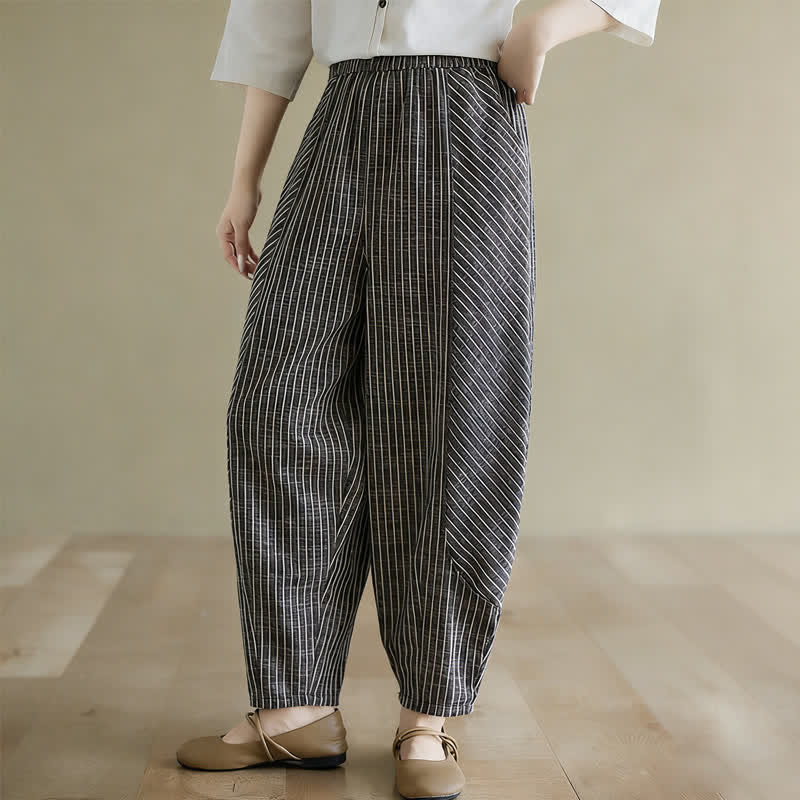 Nimara Ritual Summer Casual Striped Linen Cotton Women's Tapered Pants With Pockets