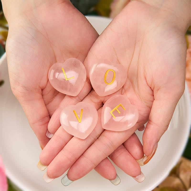 Nimara Ritual 4Pcs Love & Comfort Heart Pattern Natural Rose Quartz Healing Crystal Stone Decor