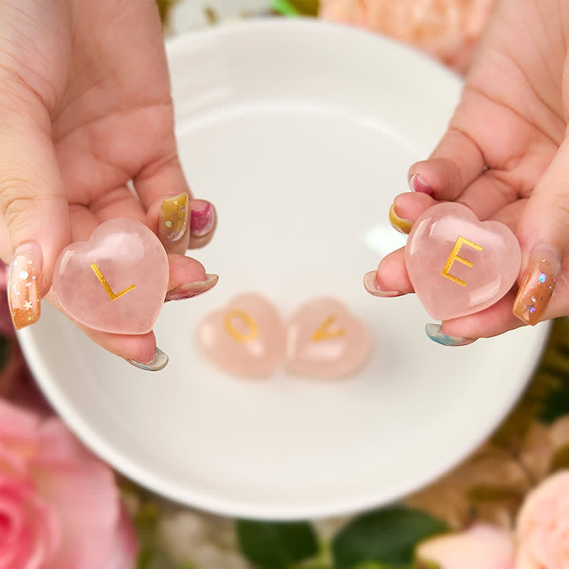 Nimara Ritual 4Pcs Love & Comfort Heart Pattern Natural Rose Quartz Healing Crystal Stone Decor