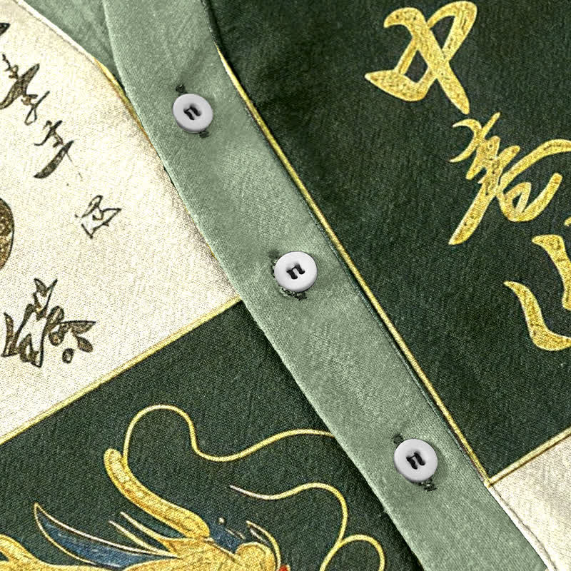 Nimara Ritual Cotton Golden Dragon Cloud Wave Emblem Men's Short Sleeve Half Button Shirt