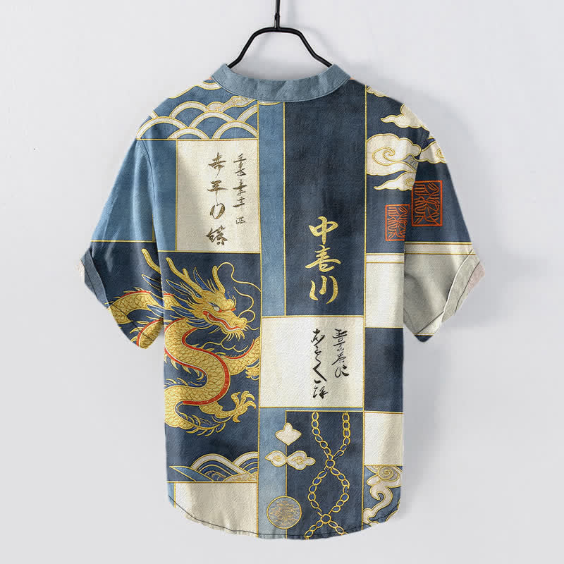 Nimara Ritual Cotton Golden Dragon Cloud Wave Emblem Men's Short Sleeve Half Button Shirt