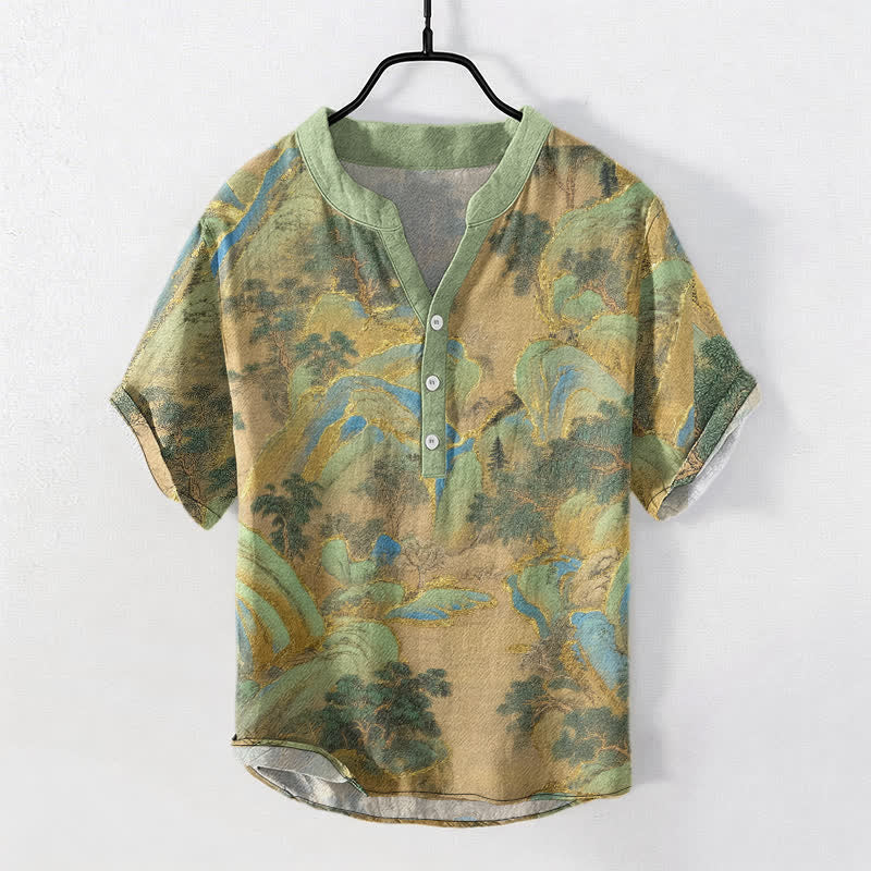 Nimara Ritual Cotton Mountain Emblem Men's Short Sleeve Half Button Shirt