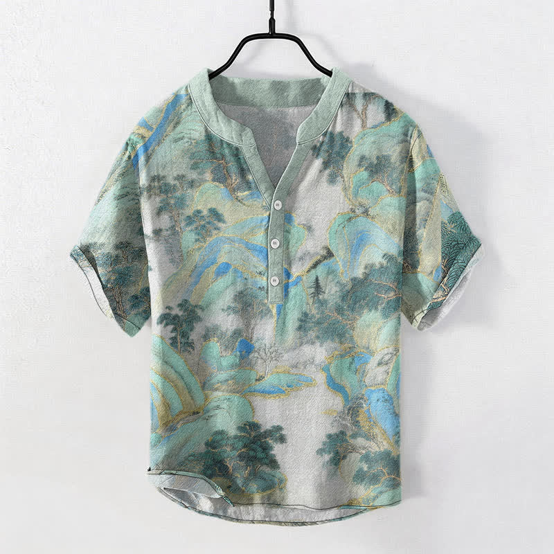 Nimara Ritual Cotton Mountain Emblem Men's Short Sleeve Half Button Shirt