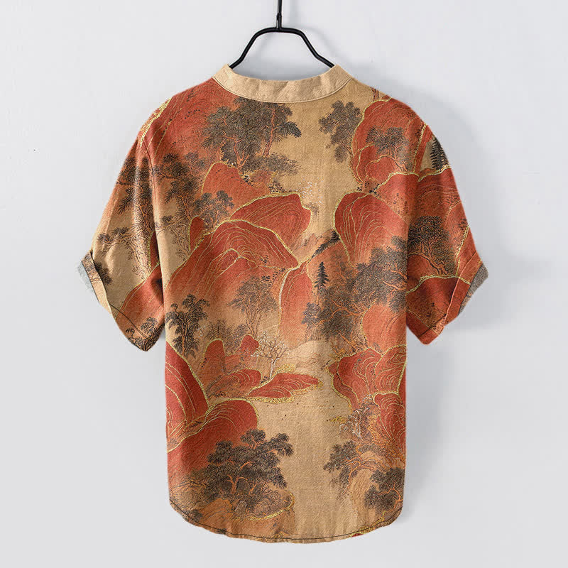 Nimara Ritual Cotton Mountain Emblem Men's Short Sleeve Half Button Shirt