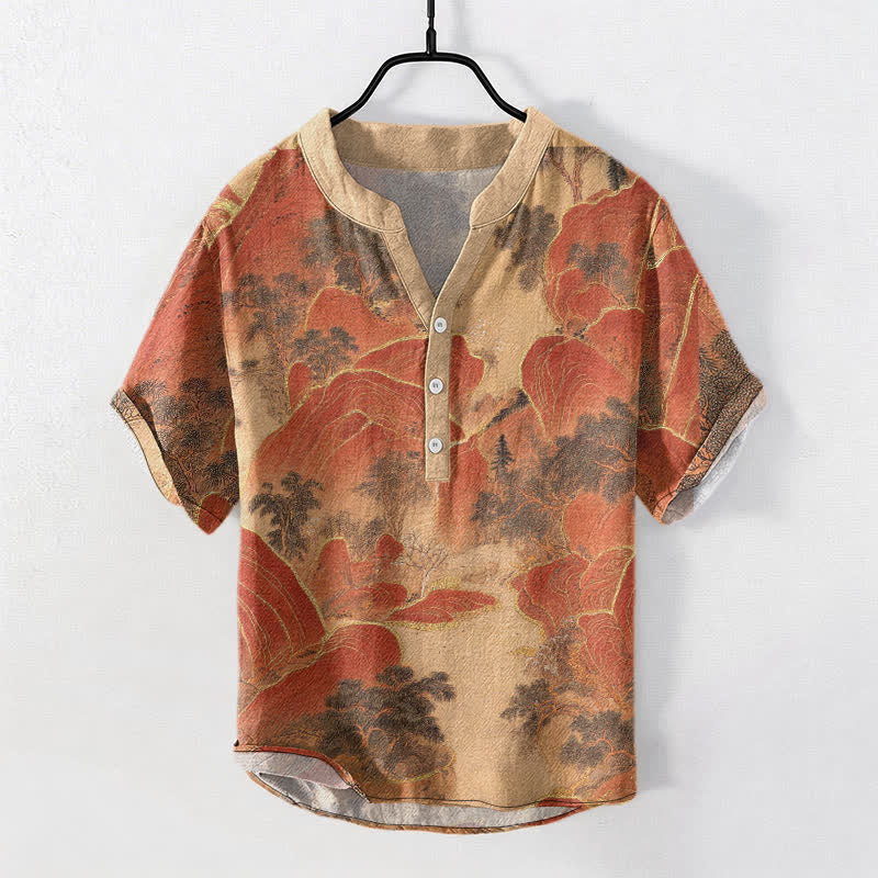 Nimara Ritual Cotton Mountain Emblem Men's Short Sleeve Half Button Shirt
