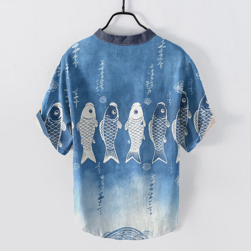 Nimara Ritual Cotton Koi Fish Emblem Men's Short Sleeve Half Button Shirt