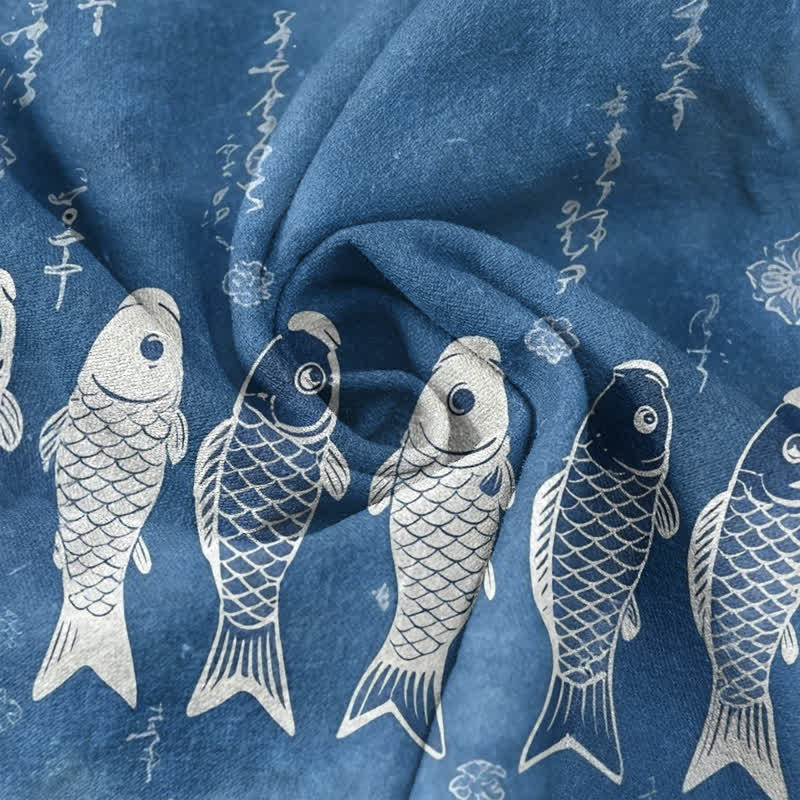 Nimara Ritual Cotton Koi Fish Emblem Men's Short Sleeve Half Button Shirt