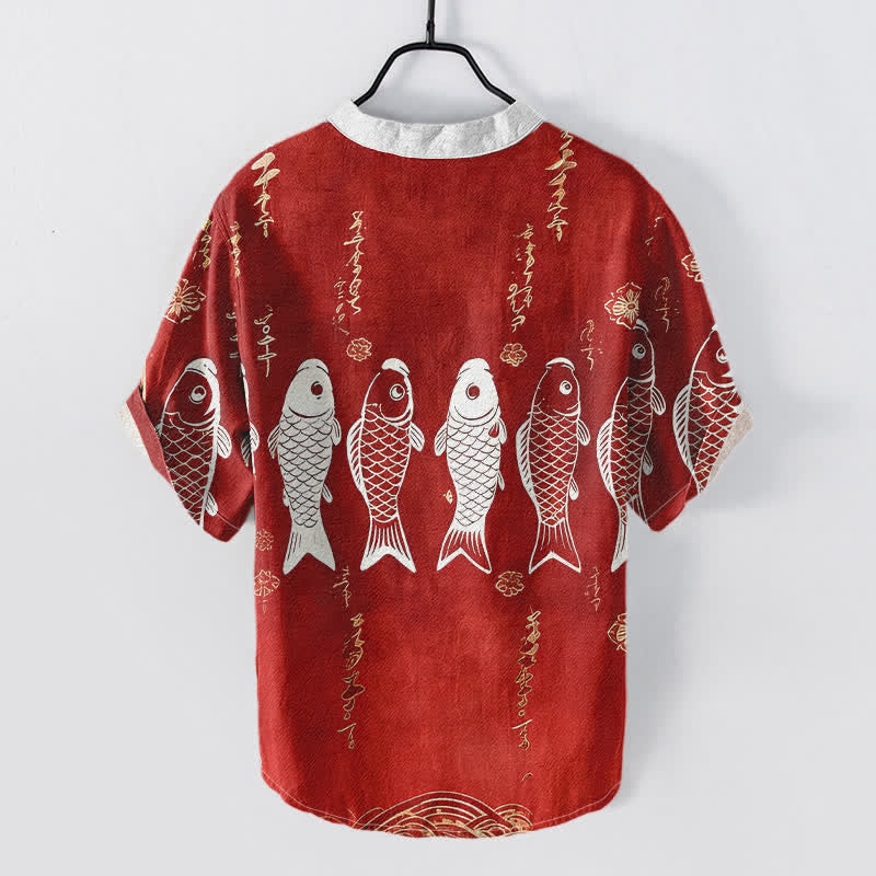 Nimara Ritual Cotton Koi Fish Emblem Men's Short Sleeve Half Button Shirt