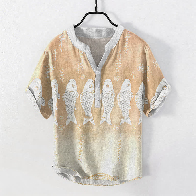 Nimara Ritual Cotton Koi Fish Emblem Men's Short Sleeve Half Button Shirt
