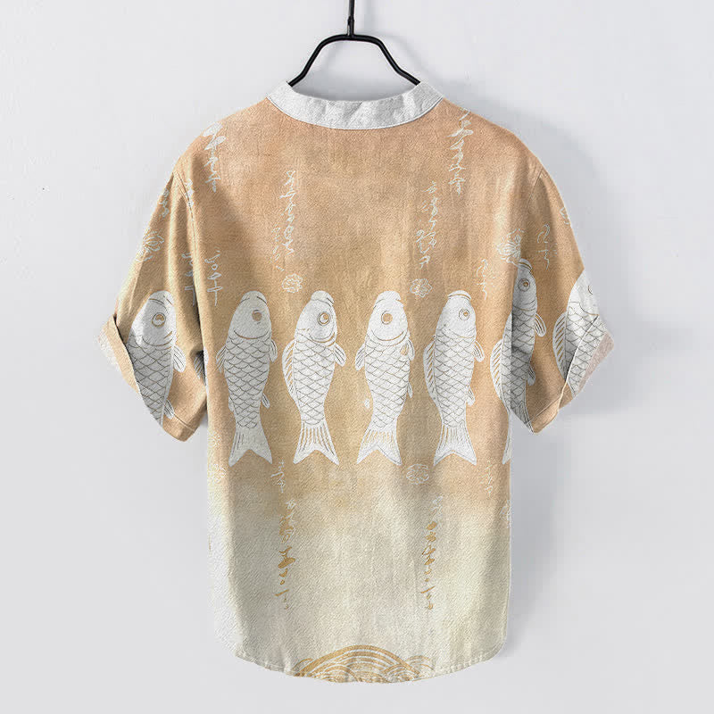 Nimara Ritual Cotton Koi Fish Emblem Men's Short Sleeve Half Button Shirt