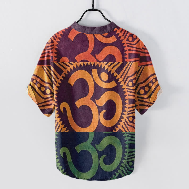 Nimara Ritual Cotton Om Emblem Men's Short Sleeve Half Button Shirt