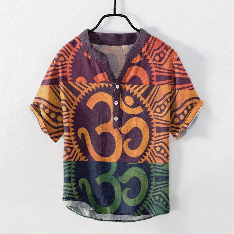 Nimara Ritual Cotton Om Emblem Men's Short Sleeve Half Button Shirt