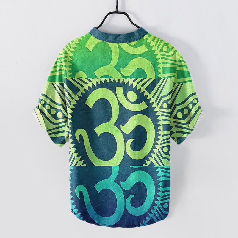 Nimara Ritual Cotton Om Emblem Men's Short Sleeve Half Button Shirt