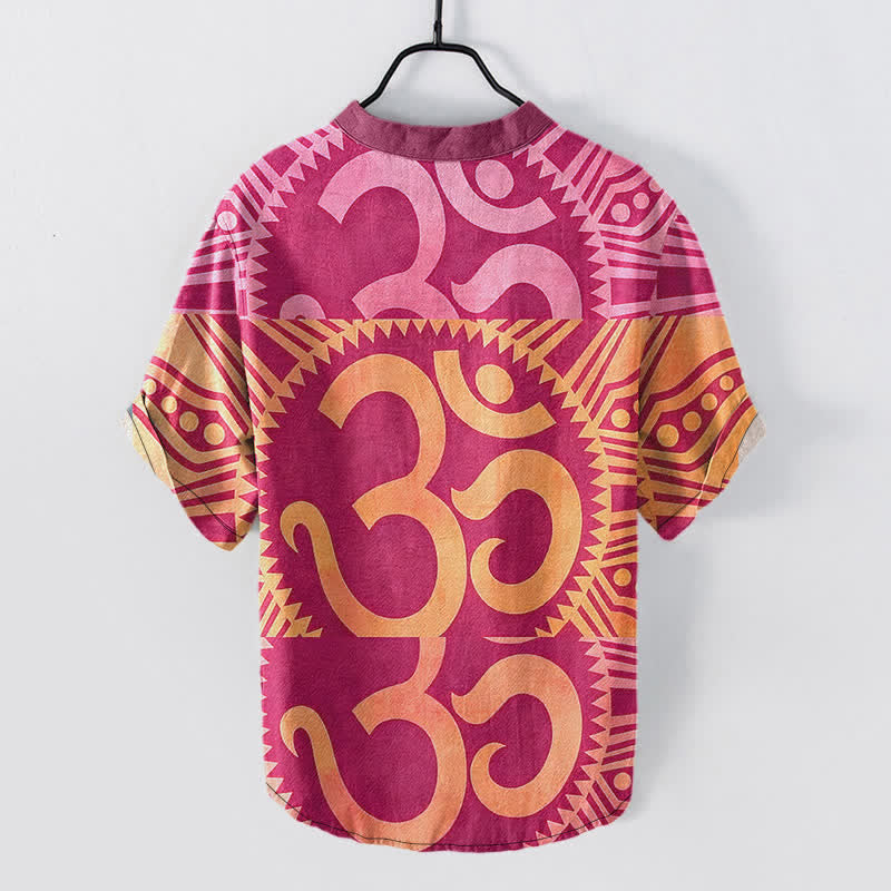 Nimara Ritual Cotton Om Emblem Men's Short Sleeve Half Button Shirt
