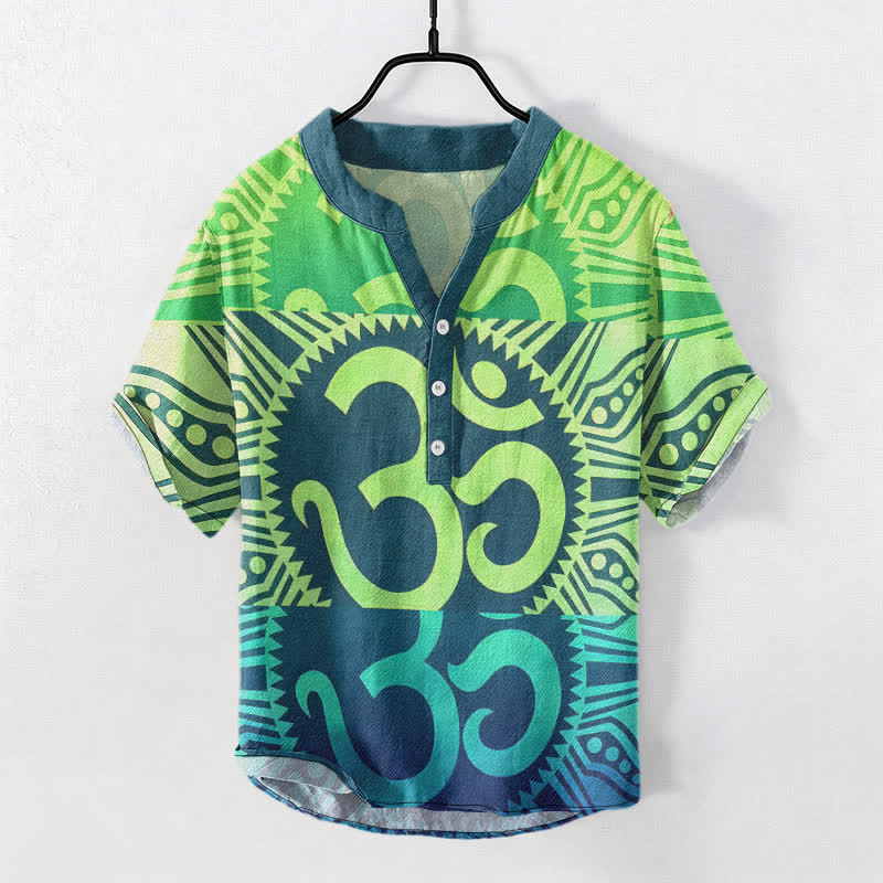 Nimara Ritual Cotton Om Emblem Men's Short Sleeve Half Button Shirt