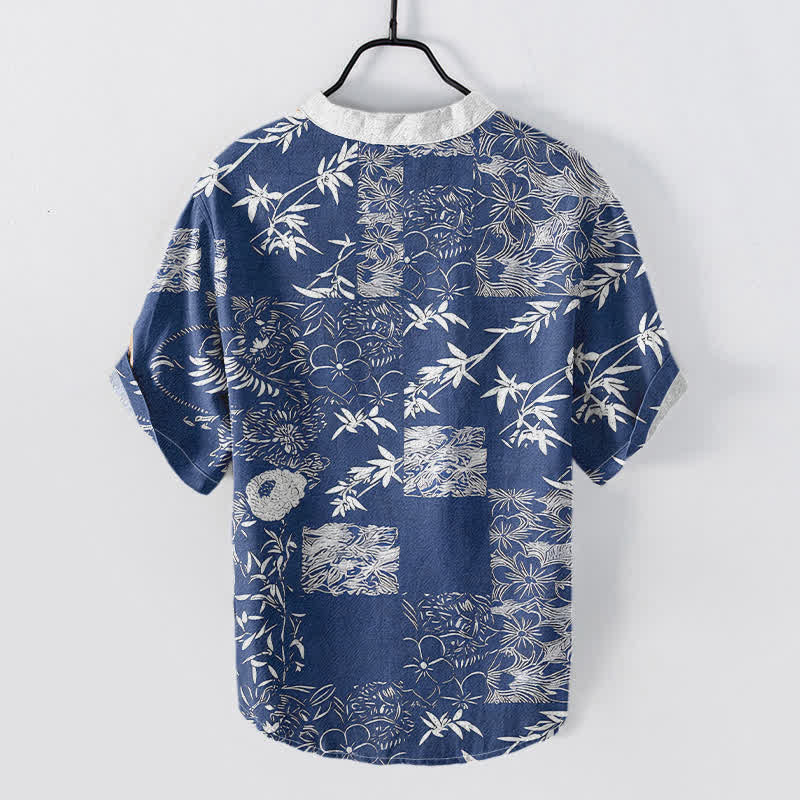 Nimara Ritual Cotton Bamboo Plum Emblem Men's Short Sleeve Half Button Shirt