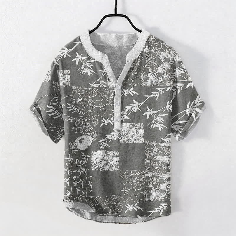 Nimara Ritual Cotton Bamboo Plum Emblem Men's Short Sleeve Half Button Shirt
