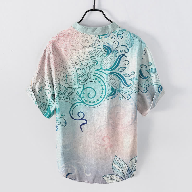Nimara Ritual Cotton Mandala Floral Emblem Men's Short Sleeve Half Button Shirt