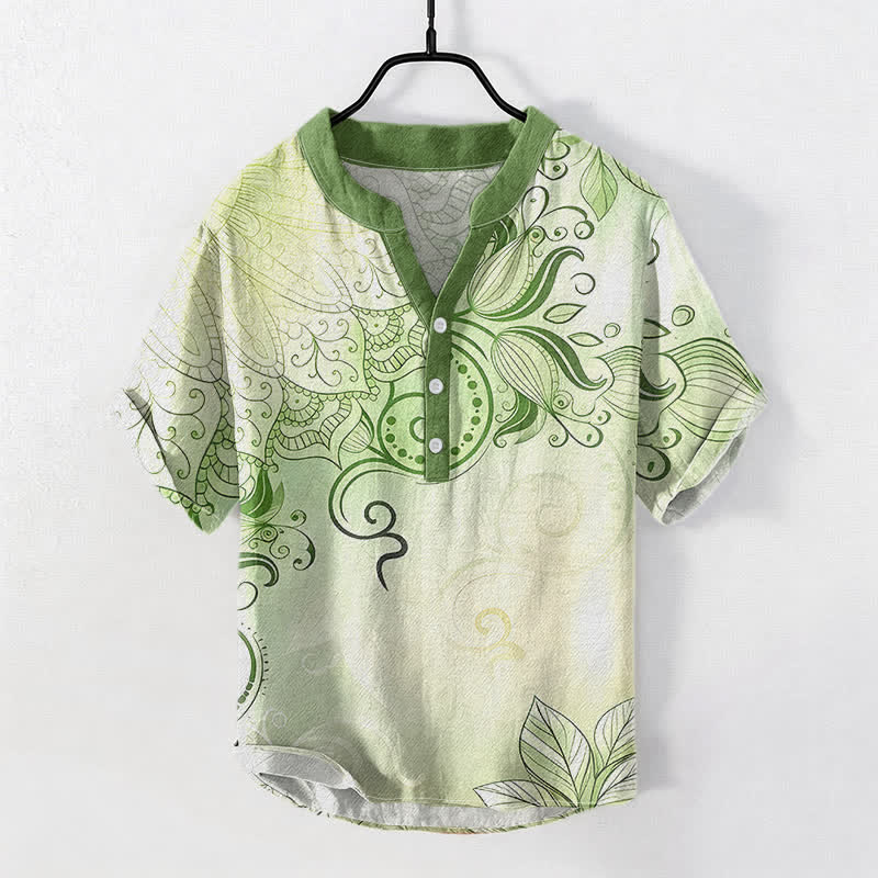 Nimara Ritual Cotton Mandala Floral Emblem Men's Short Sleeve Half Button Shirt