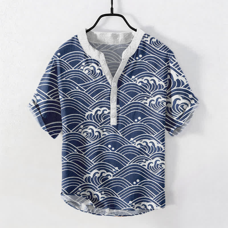 Nimara Ritual Cotton Wave Emblem Men's Short Sleeve Half Button Shirt