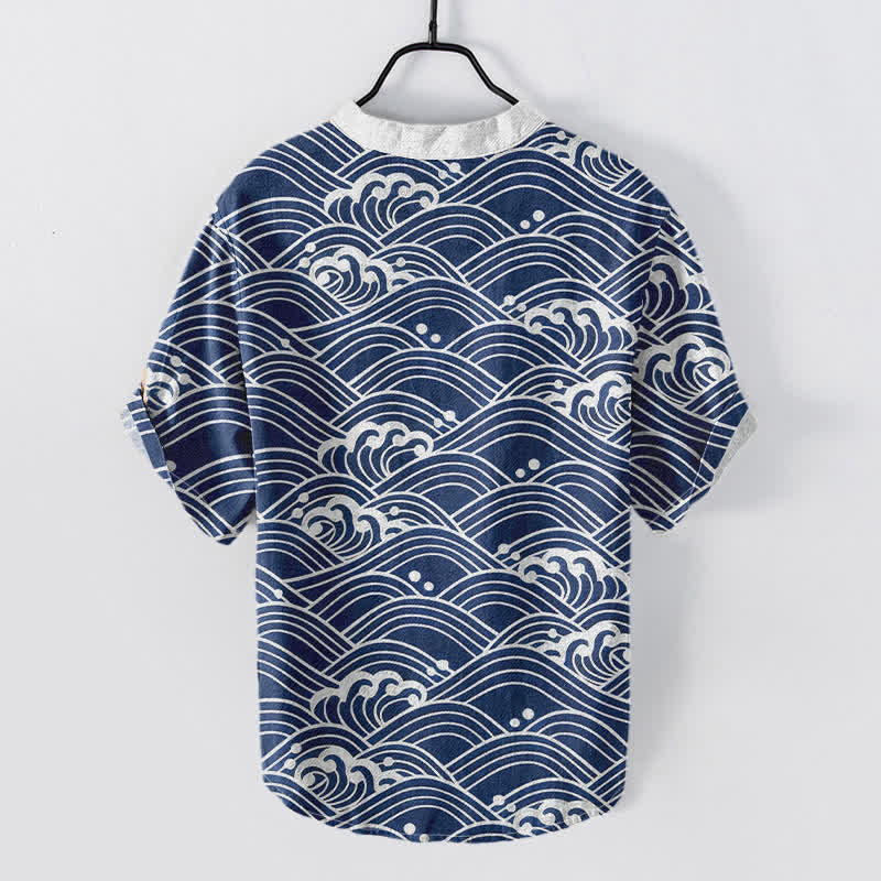 Nimara Ritual Cotton Wave Emblem Men's Short Sleeve Half Button Shirt