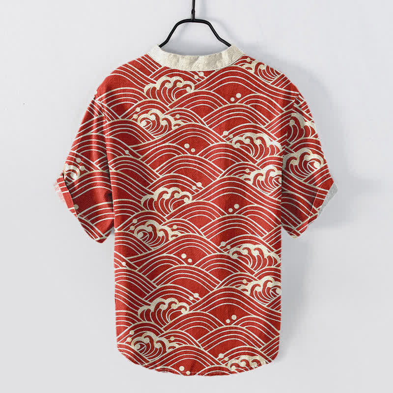 Nimara Ritual Cotton Wave Emblem Men's Short Sleeve Half Button Shirt
