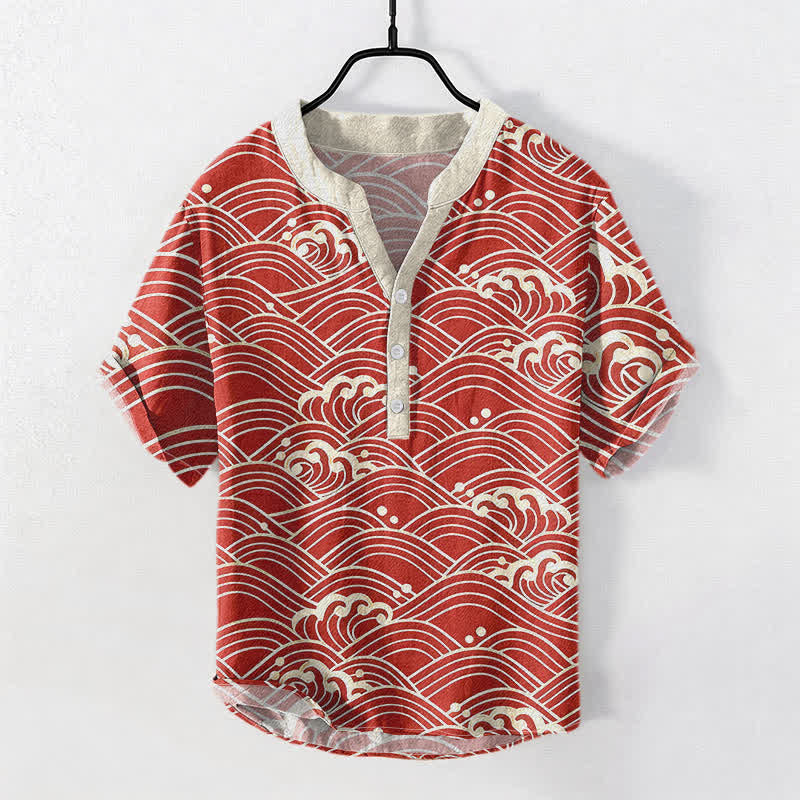 Nimara Ritual Cotton Wave Emblem Men's Short Sleeve Half Button Shirt
