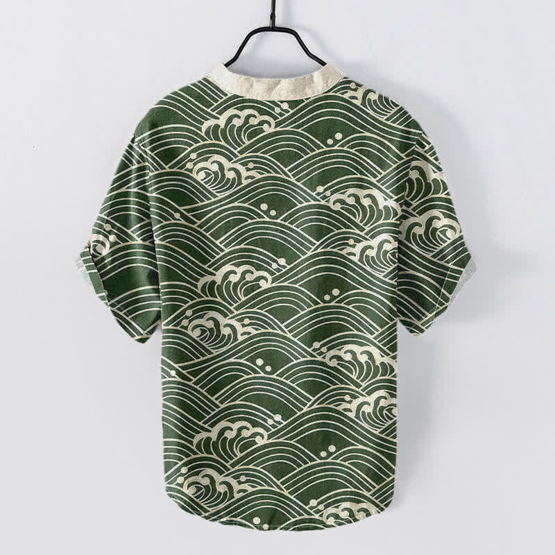 Nimara Ritual Cotton Wave Emblem Men's Short Sleeve Half Button Shirt