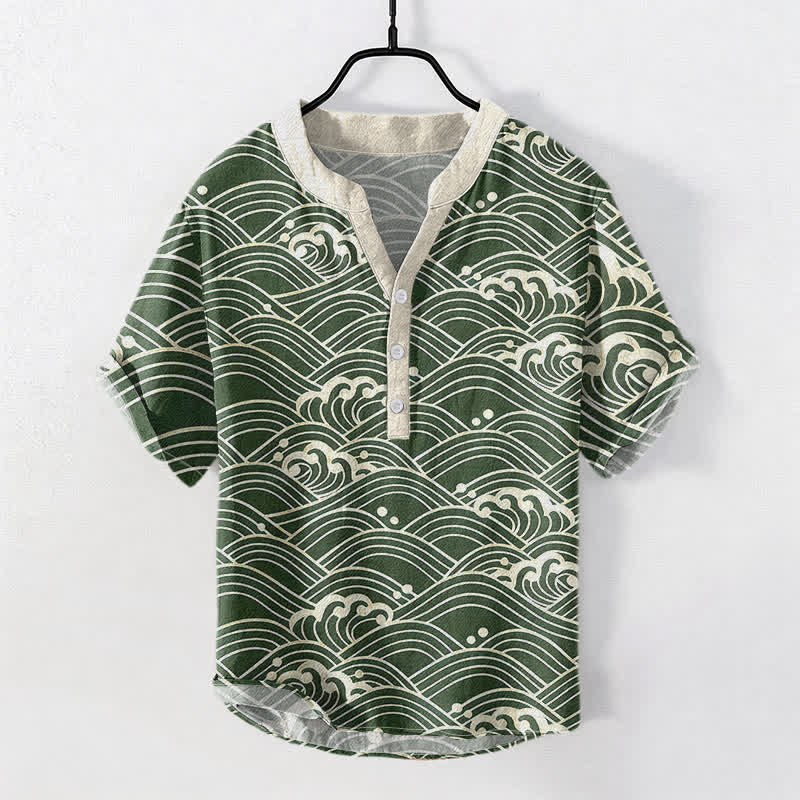 Nimara Ritual Cotton Wave Emblem Men's Short Sleeve Half Button Shirt