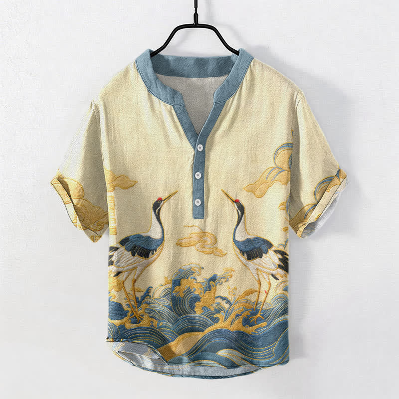Nimara Ritual Cotton Crane Wave Emblem Men's Short Sleeve Half Button Shirt