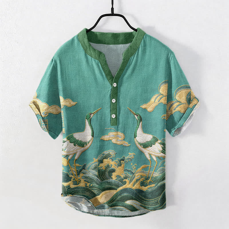 Nimara Ritual Cotton Crane Wave Emblem Men's Short Sleeve Half Button Shirt