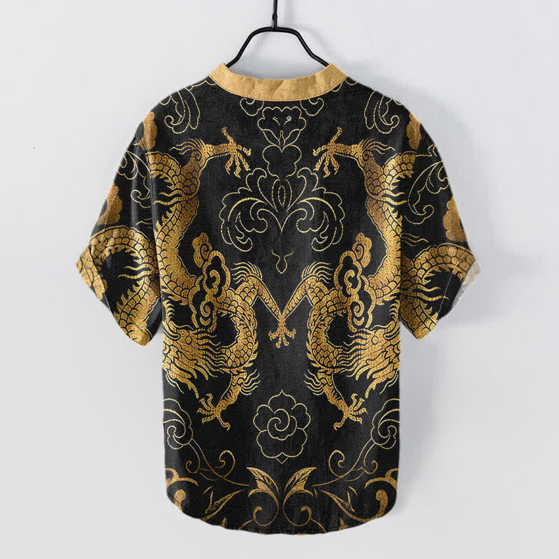 Nimara Ritual Cotton Dragon Cloud Emblem Men's Short Sleeve Half Button Shirt