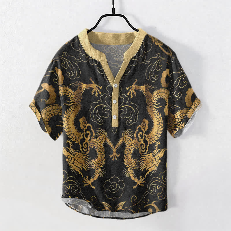 Nimara Ritual Cotton Dragon Cloud Emblem Men's Short Sleeve Half Button Shirt
